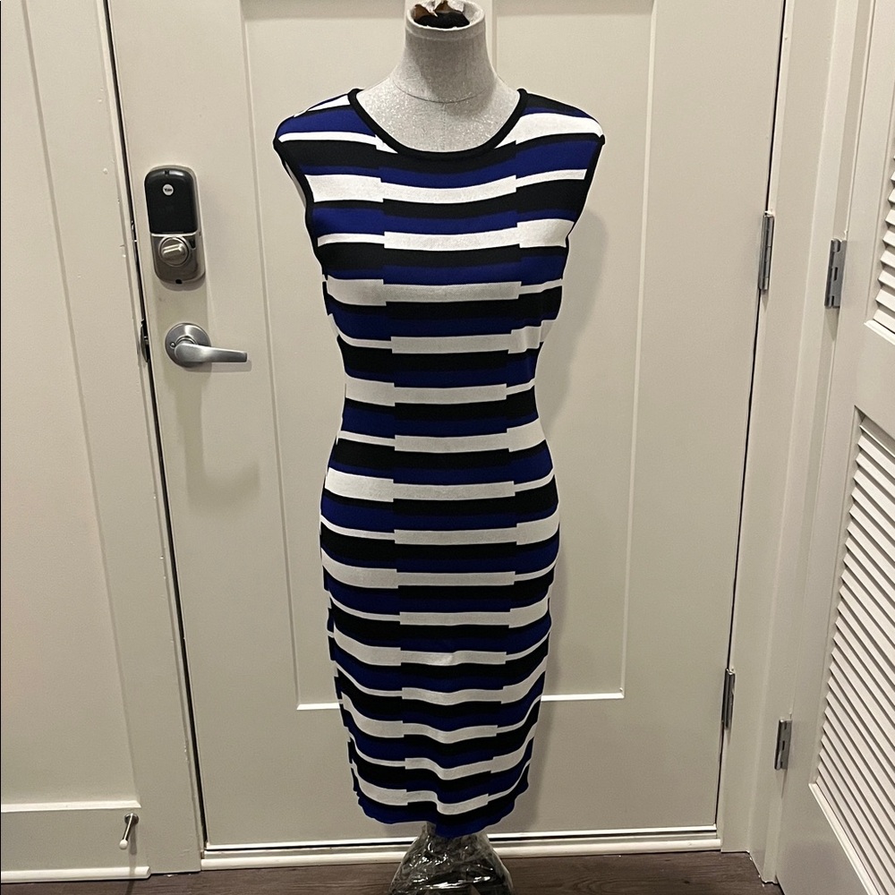 Calvin Klein Black and Blue Striped Midi Dress